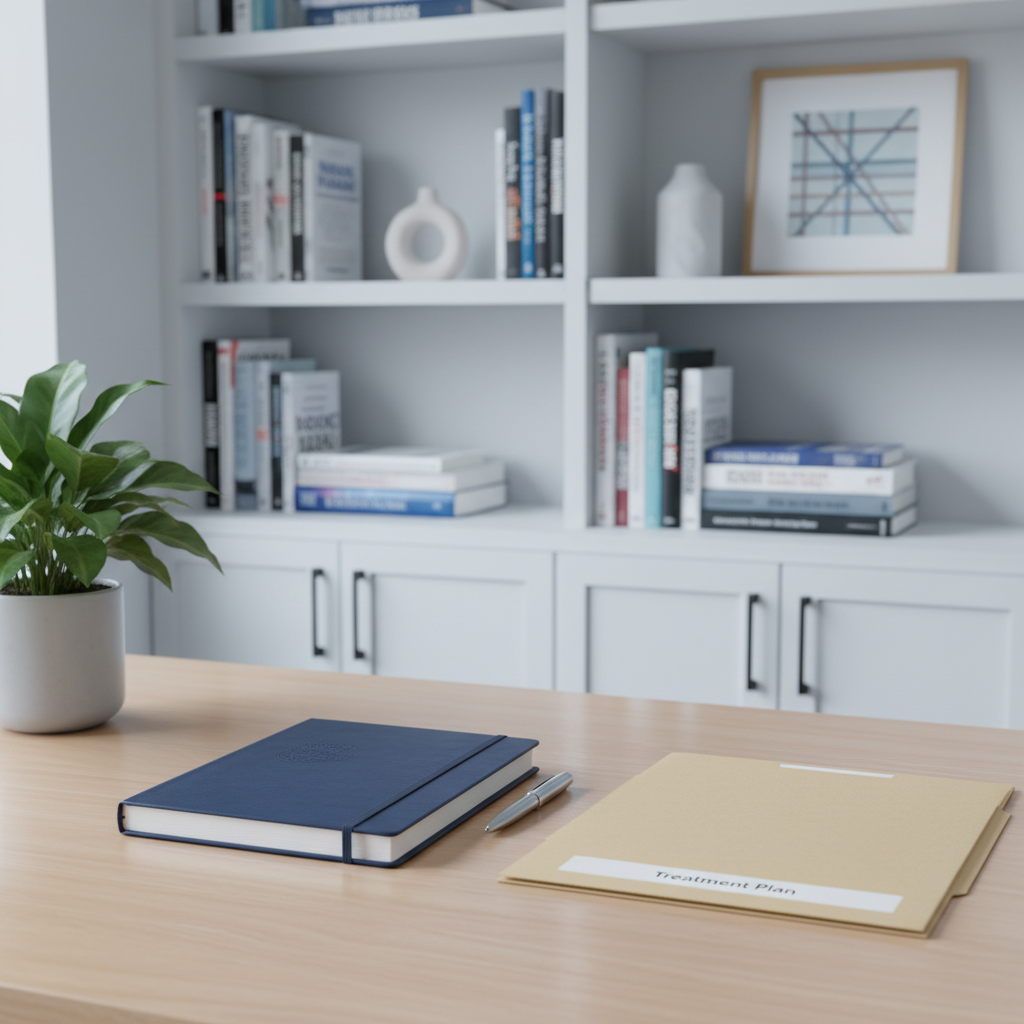 A meticulously organised therapist’s desk in a PTSD treatment clinic, with a smooth light-wood surface holding a closed, navy-blue hardcover notebook, a silver pen, and a neatly stacked folder labelled “Treatment Plan” in subtle lettering. A small ceramic pot with a thriving green plant adds a touch of life near the corner. Behind the desk, built-in white shelves display neatly arranged psychology books and a few understated, abstract decor pieces. Soft, cool natural light enters from an unseen window, creating gentle reflections on the desk and a calm, focused atmosphere. Photographic realism, eye-level composition with shallow depth of field keeps the desktop in crisp focus while the shelves blur softly in the background, reinforcing a professional, trustworthy clinical setting.