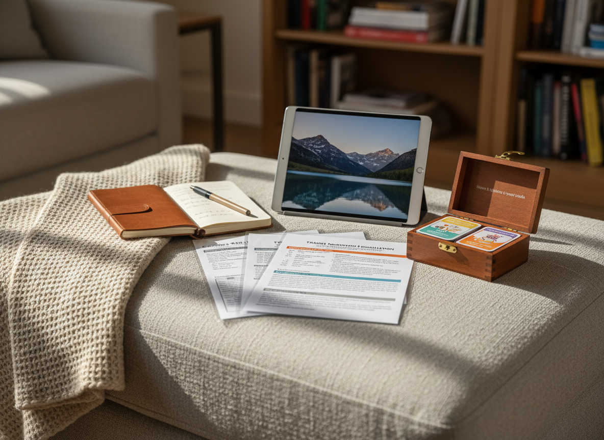 A close-up of PTSD therapy tools arranged on a light grey fabric ottoman: several laminated cognitive-behavioural worksheets with clear headings, a soft leather-bound notebook, a slim digital tablet displaying a calming landscape, and a small wooden box partially open to reveal neatly organised grounding cards. A neutral wool blanket drapes over the edge of the ottoman, adding texture. The background shows a blurred hint of a couch and bookshelf. Warm afternoon light from a side window casts gentle, diagonal shadows, creating depth. Captured in photographic realism from a slightly elevated angle, with shallow depth of field that keeps the therapy tools in crisp focus, the image communicates structure, care, and hope in trauma recovery.