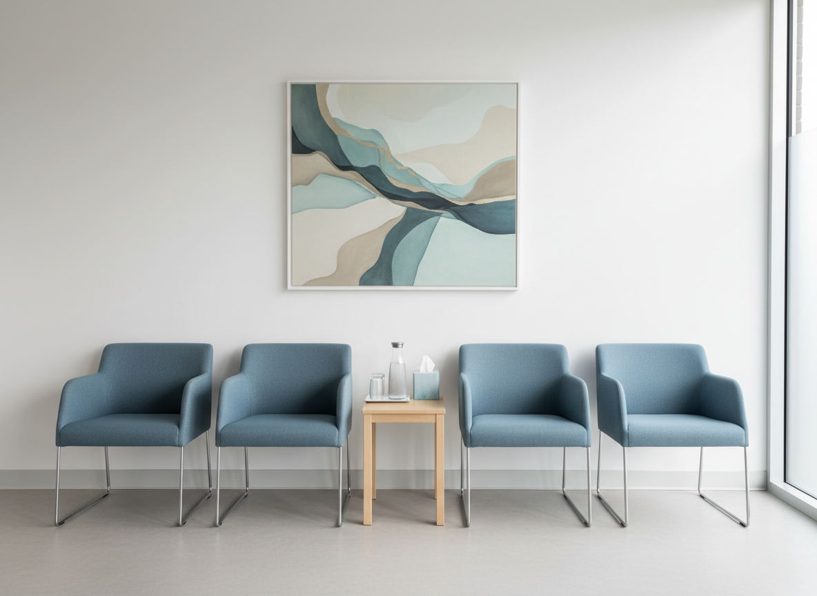 A serene waiting area in a specialist PTSD clinic, showing a row of modern, upholstered chairs in soft slate blue along a white wall, spaced with respectful gaps. Between two chairs stands a slender blonde-wood side table holding a small glass water carafe, two tumblers, and a simple box of tissues. A large framed abstract artwork in muted teal and sand tones hangs above, adding quiet visual interest. Natural daylight from a nearby window washes the scene in gentle, even light, reducing harsh contrasts. Photographic realism, wide-angle view with sharp focus, captures the entire space with a clean, contemporary aesthetic, conveying calm, privacy, and professionalism without any human presence.
