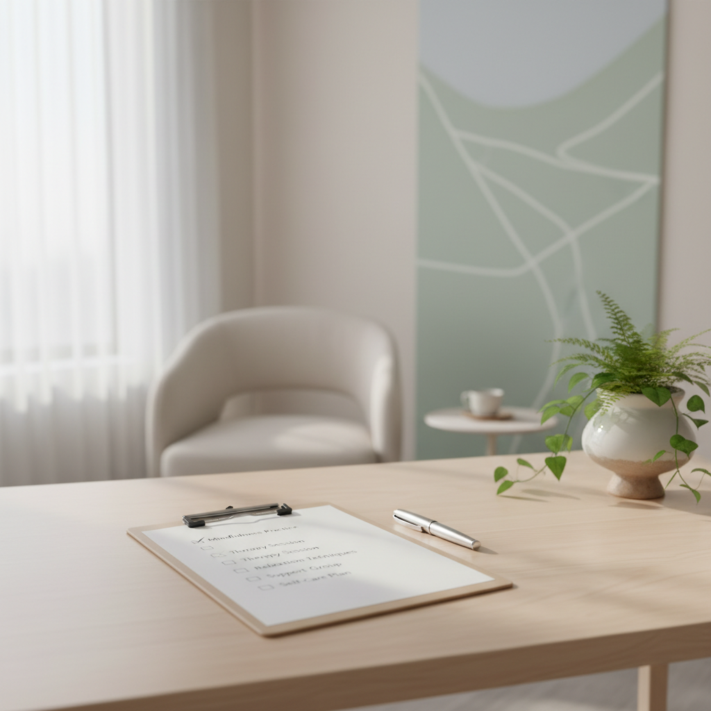 A soft, calming clinical setting with a clipboard checklist and pen on a light wooden desk, with subtle greenery and gentle natural light, in a minimal style that suits a professional PTSD treatment centre website