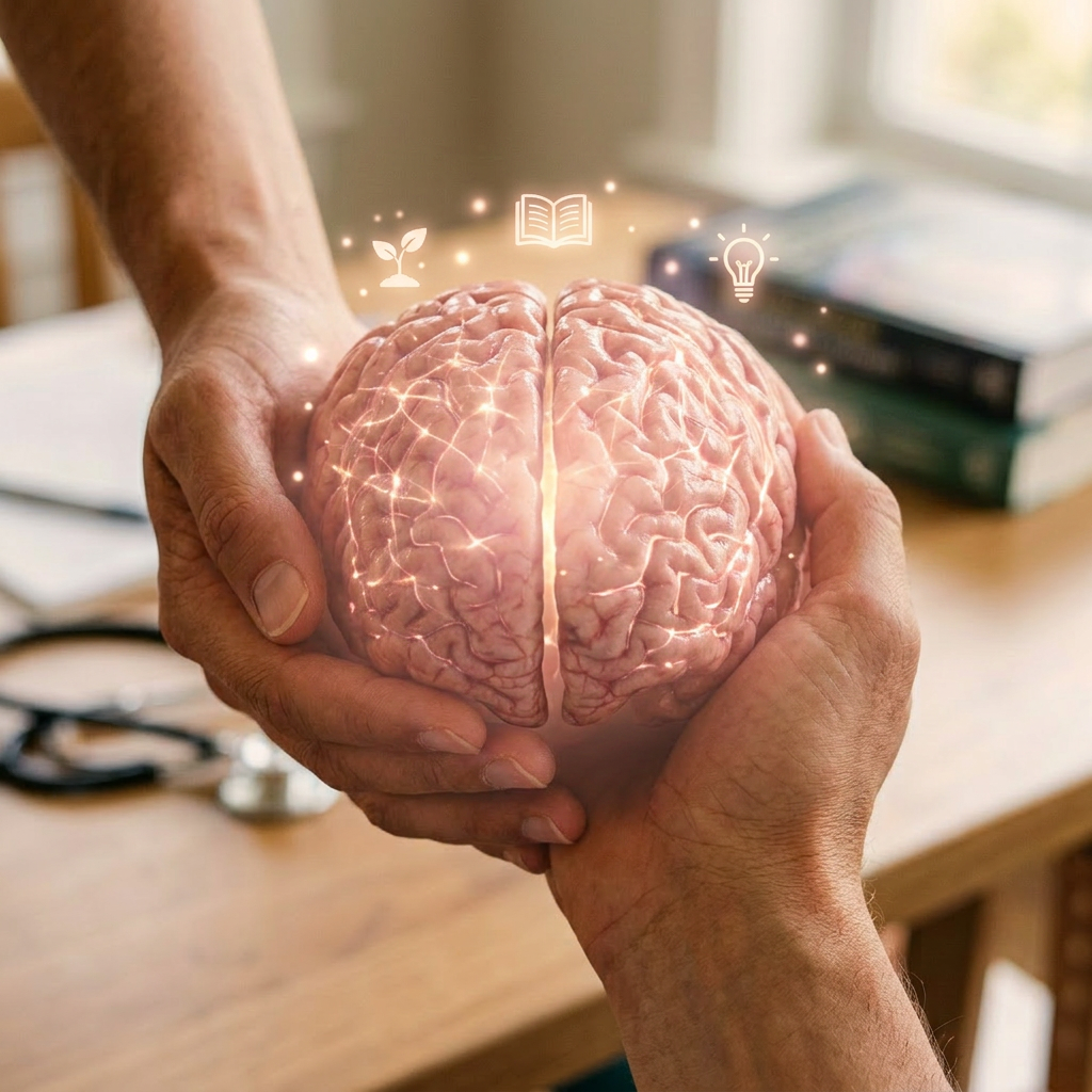 Two pairs of hands holding and passing a realistic model of a human brain